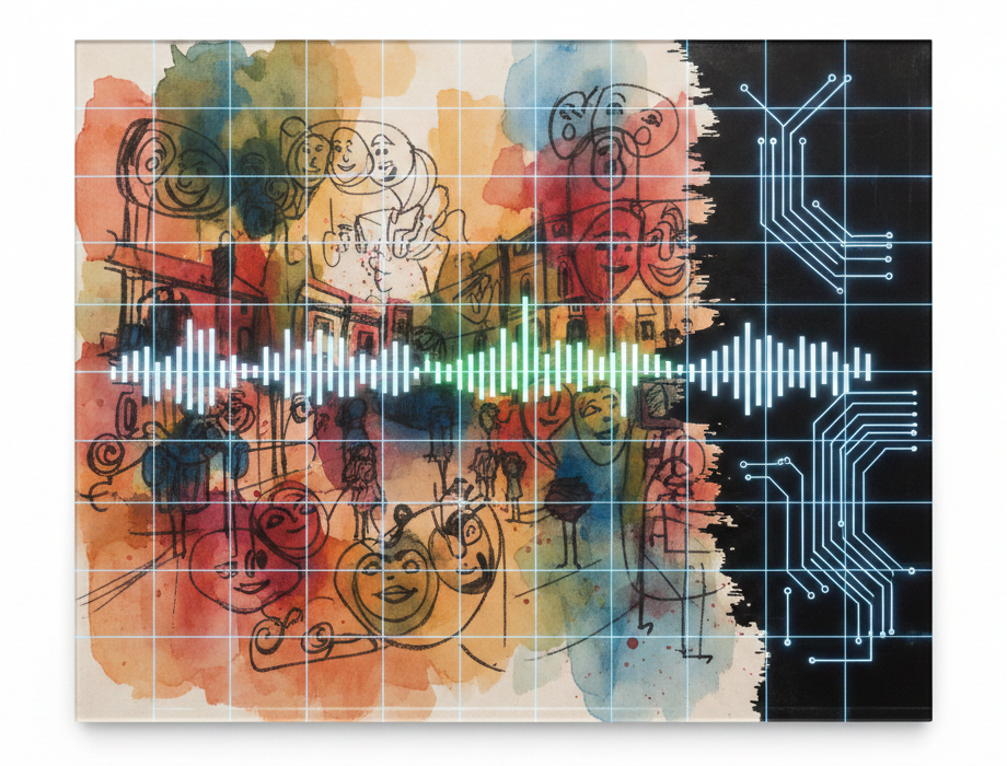 Abstract illustration of a colorful street scene in Catalonia overlaid with a glowing digital sound wave on a black background