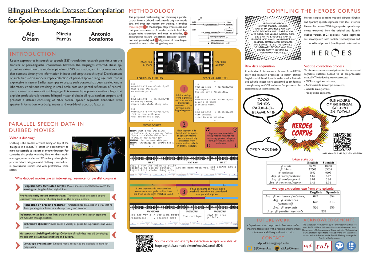 Alp Öktem's IberSPEECH 2018 poster for publication: Bilingual Prosodic Dataset Compilation for Spoken Language Translation