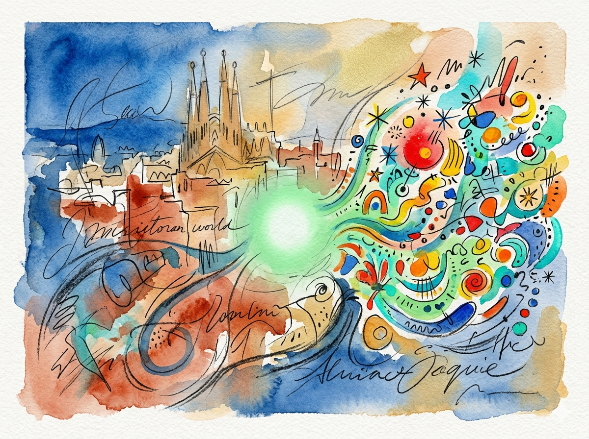 Abstract illustration of Barcelona with a green light giving way into miroesque patterns