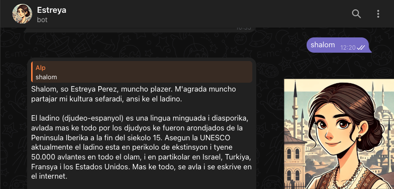 Estreyika Perez chatbot interface showing conversation in Ladino